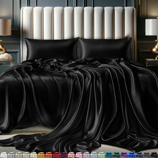 FizzyNest Satin Sheets Bed Set 4 Pcs-Elegant Satin Bed Sheets Silky & Luxuriously Soft Satin Bedding -Black