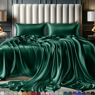 FizzyNest Satin Sheets Bed Set 4 Pcs Silky & Luxuriously Soft Satin Bedding (Dark Green)