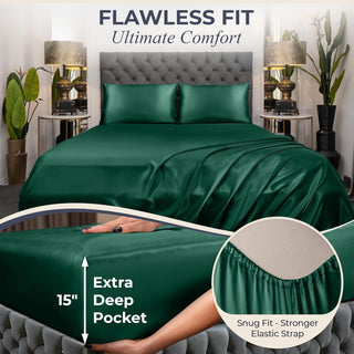 FizzyNest Satin Sheets Bed Set 4 Pcs Silky & Luxuriously Soft Satin Bedding (Dark Green)