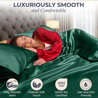 FizzyNest Satin Sheets Bed Set 4 Pcs Silky & Luxuriously Soft Satin Bedding (Dark Green)