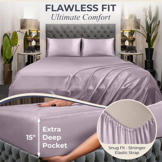 FizzyNest Satin Sheets Bed Set 4 Pcs Silky Soft Satin Sheets(Lavender)