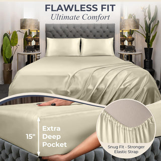 FizzyNest Satin Sheets Set 4 Pcs Silky Soft Satin Bed Sheets Champagne