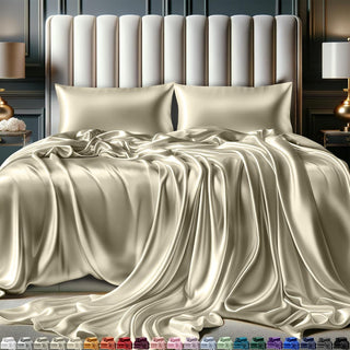 FizzyNest Satin Sheets Set 4 Pcs Silky Soft Satin Bed Sheets Champagne