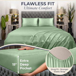 FizzyNest Satin SheetsBed Set 4 Pcs Silky Soft Satin (Sage Green)