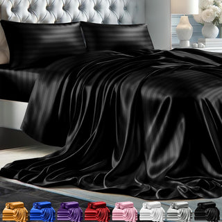 FizzyNest Striped Satin Sheet Set 4pc Luxurious Silk Feel (Black)