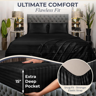 FizzyNest Striped Satin Sheet Set 4pc Luxurious Silk Feel (Black)