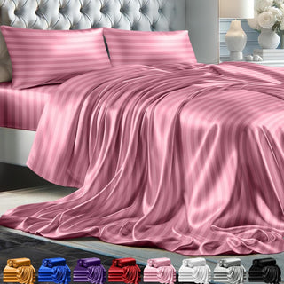 FizzyNest Striped Satin Sheets Set 4pc Comfy Luxury Silk Feel (Pink)