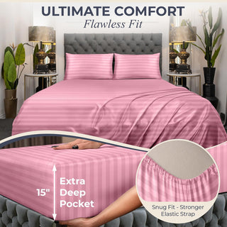 FizzyNest Striped Satin Sheets Set 4pc Comfy Luxury Silk Feel (Pink)