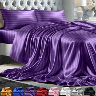 FizzyNest Striped Satin Sheets Set 4pc Silk Touch Satin Sheets Purple