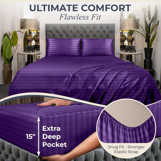 FizzyNest Striped Satin Sheets Set 4pc Silk Touch Satin Sheets Purple