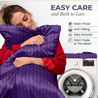 FizzyNest Striped Satin Sheets Set 4pc Silk Touch Satin Sheets Purple