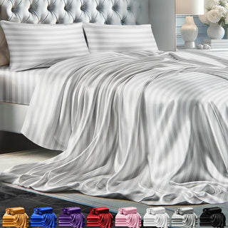 FizzyNest Stripped Satin Sheet Set 4pc Silky Soft Satin Sheets (White)